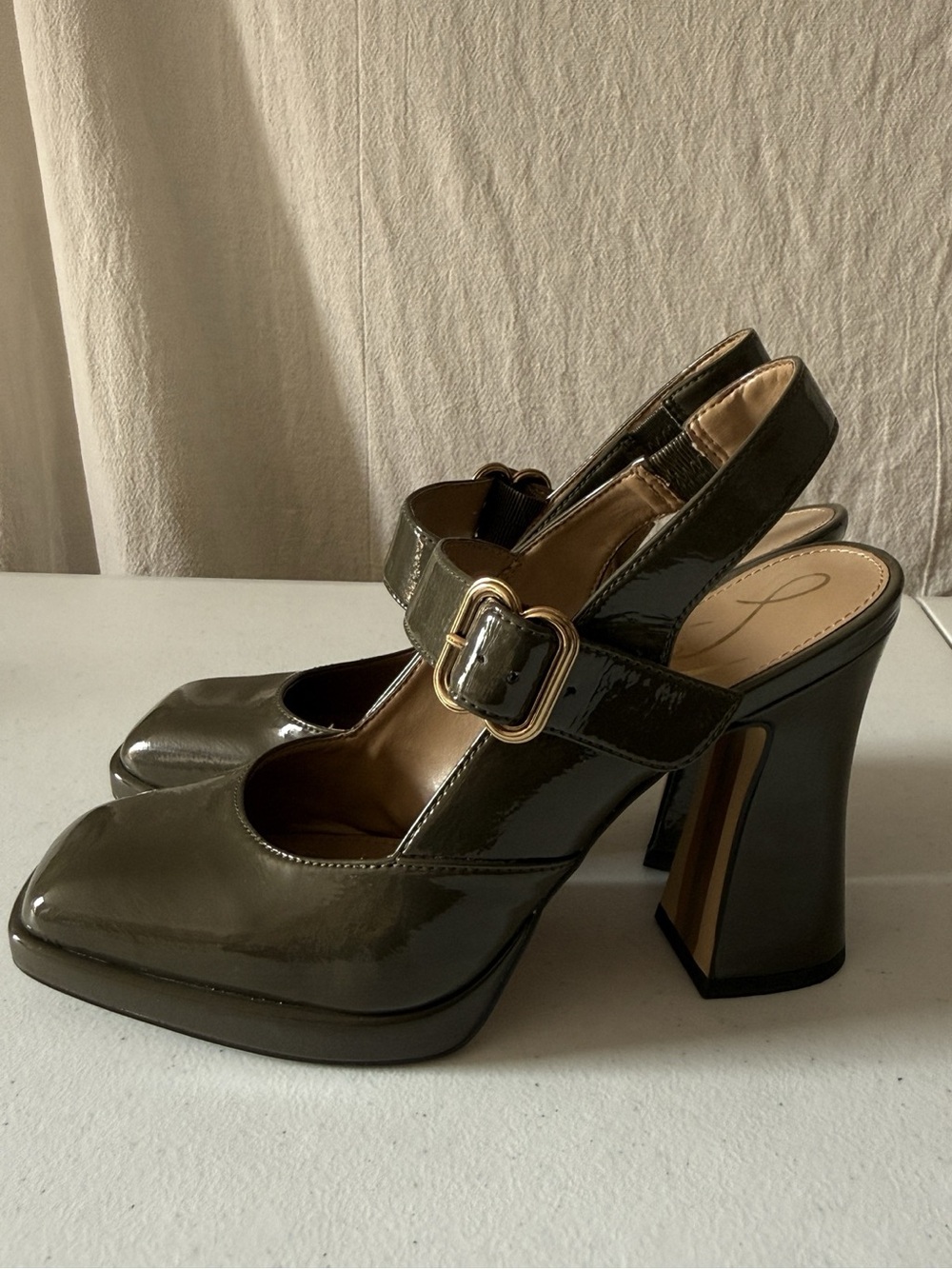 Sam Edelman Jildie Olive Patent Mary Jane Slingback Platform Heels 7.5 - Picture 2 of 3